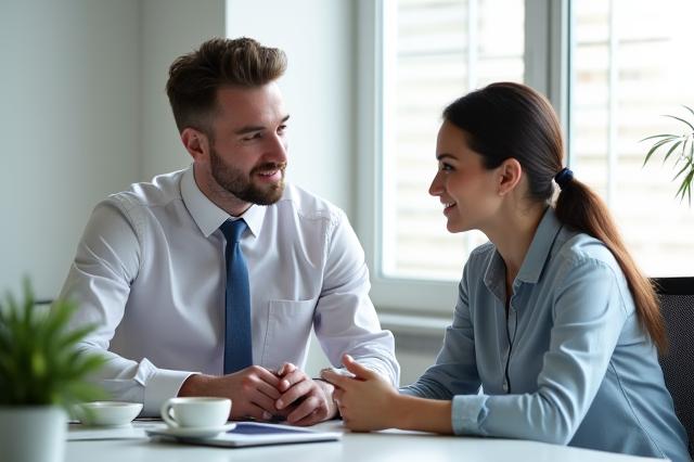 Zwei Personen unterhalten sich in einem hellen Büro